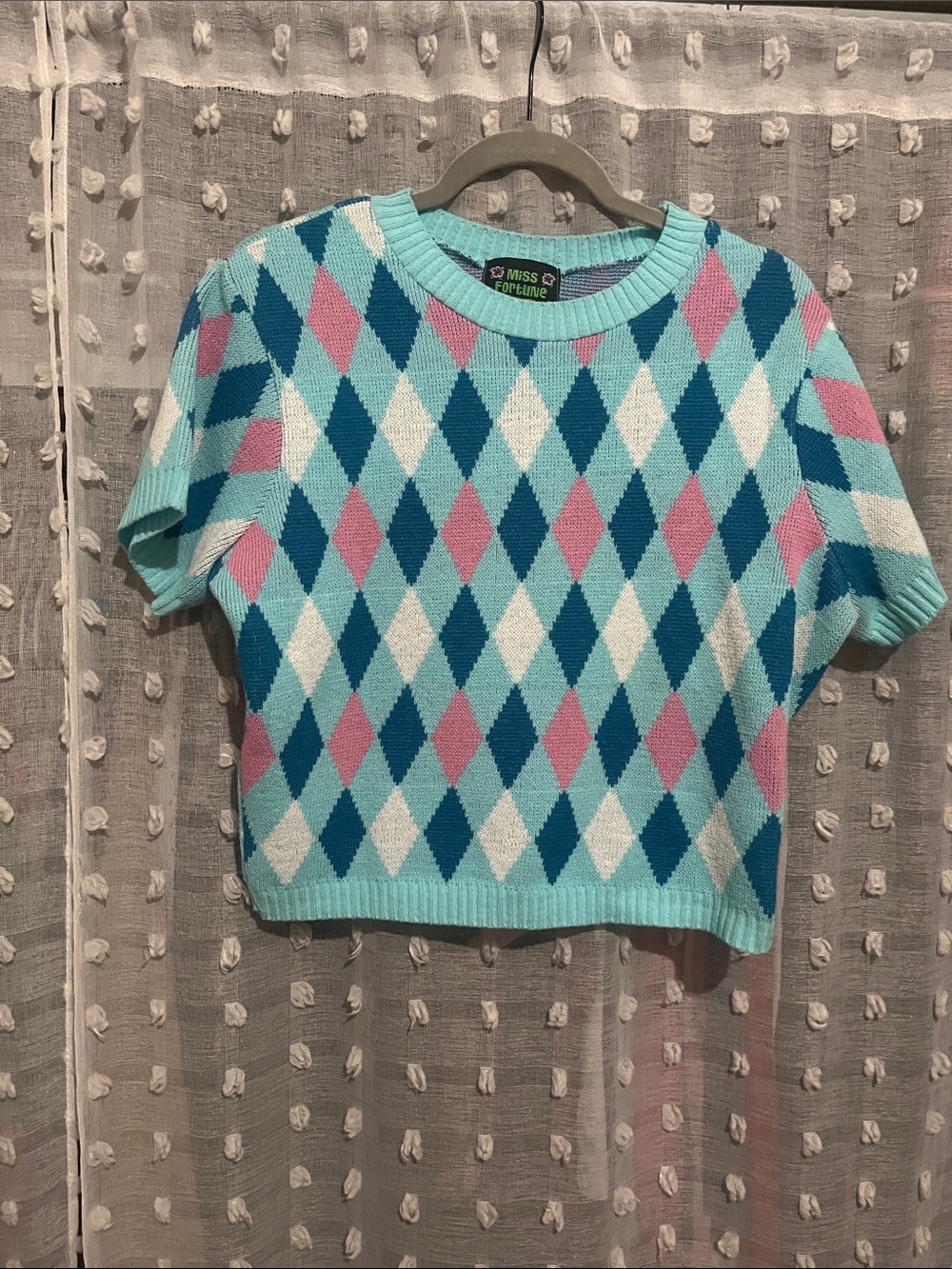 Miss Q Crop Crewneck Argyle Sweater - Aqua, Pink, Navy